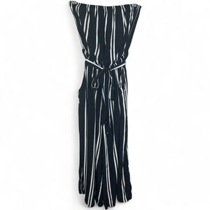 Dress Forum Navy Striped Strapless Jumpsuit Small Tie Waist Wide Leg Flowy